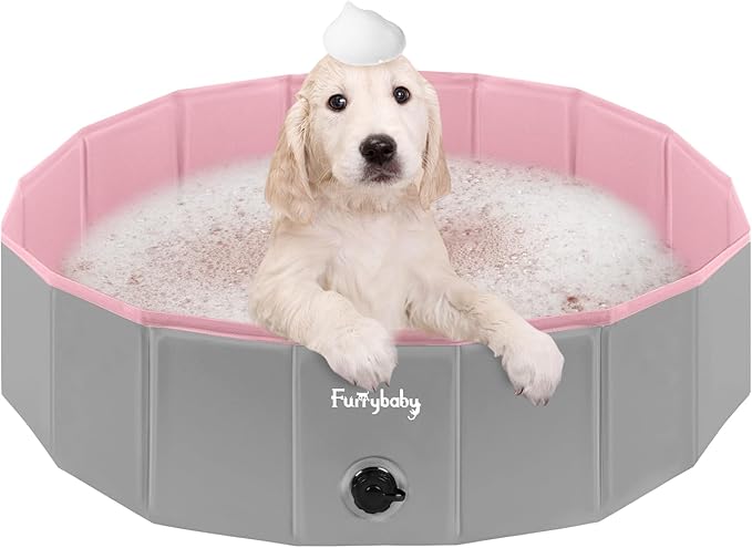 Furrybaby Dog Pool, Kiddie Pool Hard Plastic, Collapsible Pet Bath Foldable Swimming Pet Pool Portable Pink 32''-PawvioPets