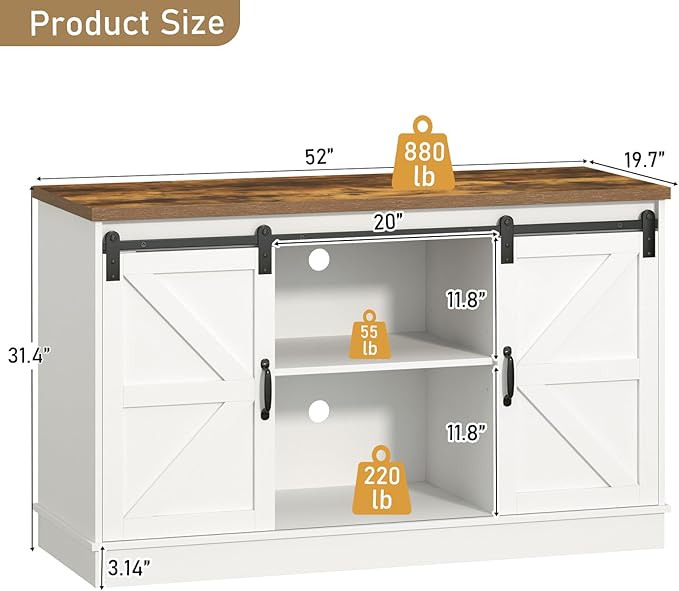 Farmhouse 55-75 Gallon Fish Tank Stand with Power Outlet, Aquarium Stand with Cabinet&Sliding Barn Door, Heavy Duty Reptile Tank Stand for 2 Fish Tank/Turtle Tank/Reptile Terrarium, White-PawvioPets
