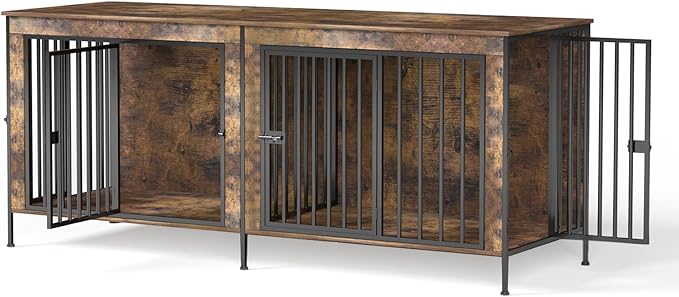 Dog Crate Furniture 78" for 2 Dogs Sturdy Heavy Duty Dog Kennel Solid Metal Tube Thick Wooden with 3 Lockable Doors XXL Double Dog Cage Large Breed as End Table for Large Dogs Rustic Brown-PawvioPets