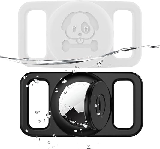 2 Pack Waterproof AirTag Dog Collar Holder Compatible with Apple AirTag, Silicone Hidden Loop Holder for Airtag Tracker, Anti-Lost Dog Collar Air Tag Accessories(Black,White)-PawvioPets