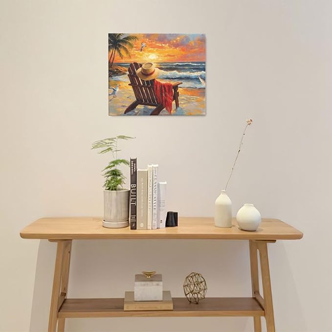 Beach Coastal Bathroom Pictures Wall Art, Seaside Ocean Bathroom Wall Decor, Sunrise Palm Framed Painting Canvas Artwork for Bedroom Living Room Decorations 24"L x 20"W-PawvioPets