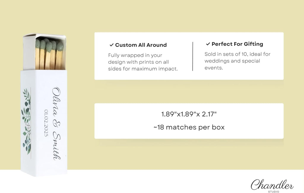 Custom Matchboxes - Set of 10 - Personalized - 2" Inch Long - Colorful Matchsticks - Weddings – Wedding Favor - Matchboxes, Custom Matchbox (2" Matchsticks, Wedding Design #5)