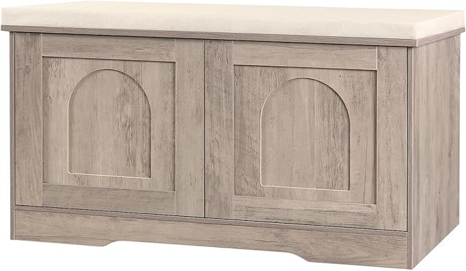 DINZI LVJ Shoe Bench, Entryway Storage Bench with Doors, Cushion, 2-Tier Shoe Rack with 6-Cubby, 31.5”L x 13.8”W Shoe Organizer Cabinet, Adjustable Shelf, Living Room, Bedroom, Greige-PawvioPets