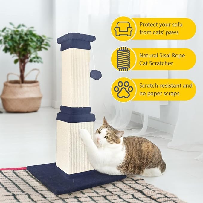 AGYM Cat Scratching Post, 32 Inch Cat Scratch Post for Cats and Kittens, Protect Your Furniture and Exercise Cats, Nature Sisal Modern Cat Scratcher for Indoor Cats, Blue-PawvioPets