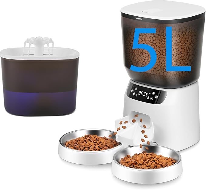Automatic Cat Feeder and Water Fountain, 5L/20 Cups Timed Cat Dry Food Dispenser, 10s Meal Call, 20 Portions 6 Meals Per Day, 2L Cats Fountains for Drinking with Filter, Pet Feeder for Dog-PawvioPets