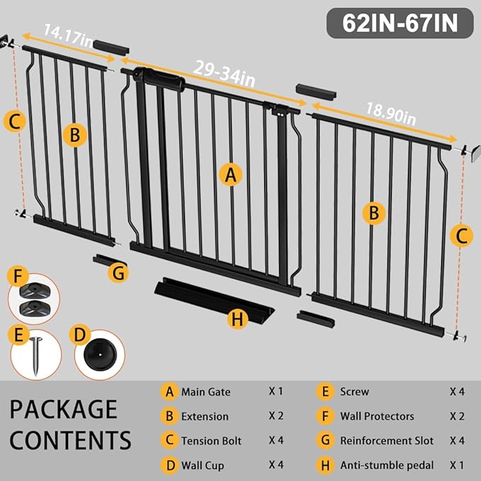 Fairy Baby Extra Wide Baby Gate Black 62-67 Inch Wide, Walk Through Pressure Mounted No Drill, Long and Large Tension Gate for Pet and Kids-PawvioPets