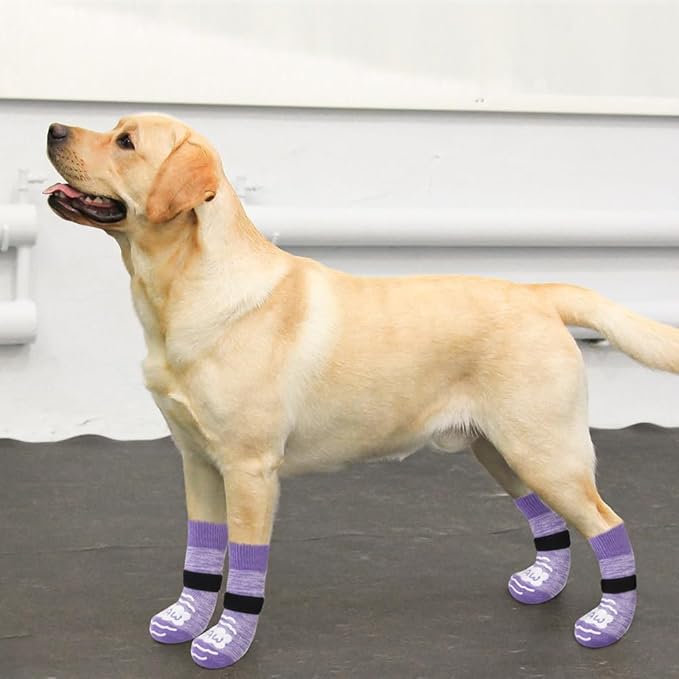 BEAUTYZOO Anti Slip Dog Socks for Small Medium Large Dogs with Grips Straps on Hardwood Floor Protection Wear, Traction Control 4 Pairs Double Side Paw Protector to Prevent Licking for Girl or Boy-PawvioPets