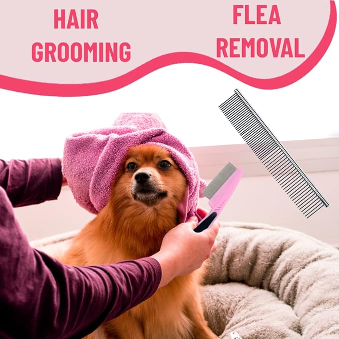 Dog Grooming Kit - Deshedding Brush for Short Hair, Slicker Brush, Flea Comb, Puppy Brush Set in Pink-PawvioPets