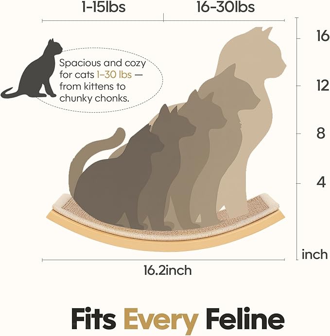 Curved Cat Wall Hammock with Scratchable Sisal Pad, Large Floating Cat Shelf for Wall, Wall Mounted Beige Bed for Playing, Climbing, and Sleeping-PawvioPets