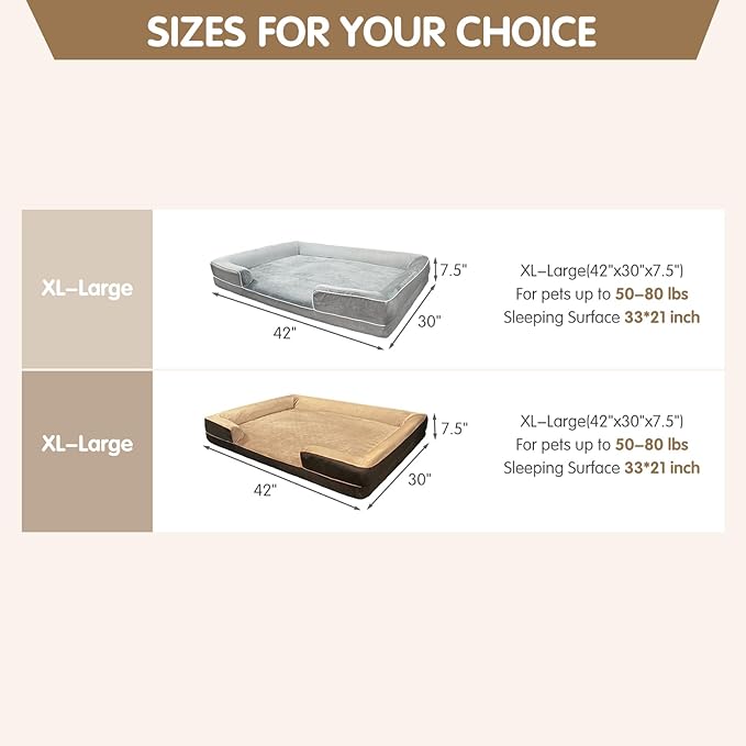 Dog Beds for Large Sized Dogs,Washable Orthopedic Memory Foam Dog Couch Sofa Bed with Bolster,Removable Cover,42x30Inch,Brown-PawvioPets