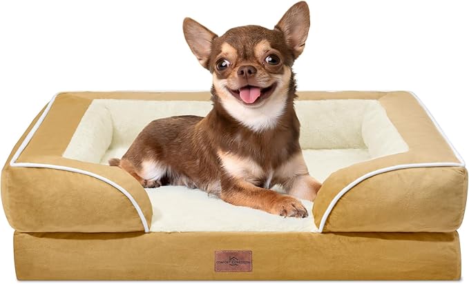 Comfort Expression Small Dog Beds Waterproof Orthopedic Foam Dog Sofa Beds for Small Dogs Comfy Pet Bed with Washable Removable Cover & Non-Slip Bottom(X-Small,Khaki)-PawvioPets