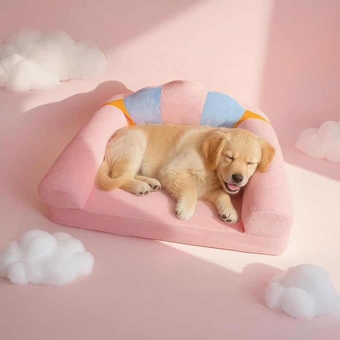 Cute Cat Couch with Soft Pillow, Supportive Dog Couch, Cat Sofa with Removable Cover，Cute Rainbow Shaped, 24 Inch-PawvioPets