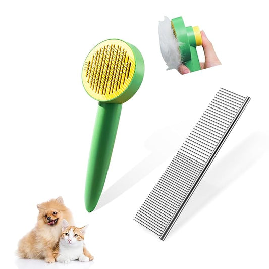 Dog & Cat Brush,Pet Grooming Kit 2PCS- Cat Brush for Shedding| Pet Metal Comb. Self-Cleaning Slicker Brush for Short and Long Hair. Removes Undercoat, Loose Hair, Tangled, Dirt and Massages.-PawvioPets