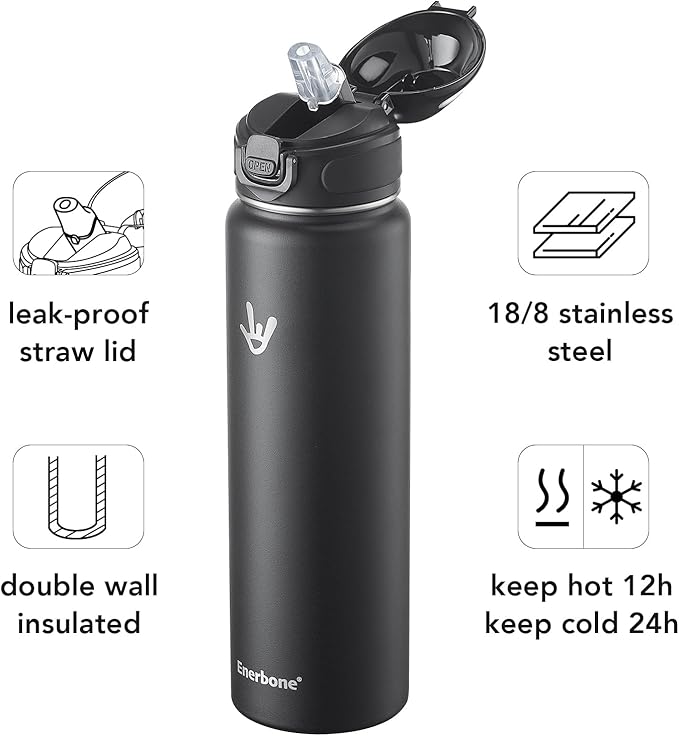 Enerbone 32 oz Insulated Water Bottle, Stainless Steel Bottle with Carrying Strap, Double-Wall Vacuum Insulation Design, Leakproof Sports Bottle with Straw, Keep Drinks Cold or Hot for Hours-PawvioPets