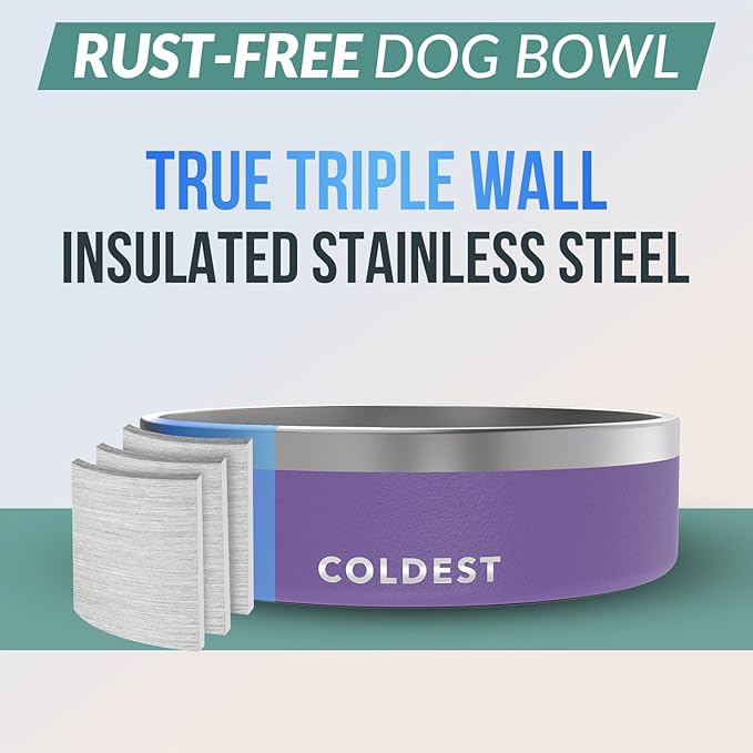 Coldest Dog Bowl - Anti Rust Metal, Non Slip, 3 Layers Insulated Stainless Steel Dog Bowls - Spill Proof & Heavy Duty - Water Bowl for Dogs, Cats & Pets, Dish Washer Safe (42 oz, Galaxy Purple)-PawvioPets