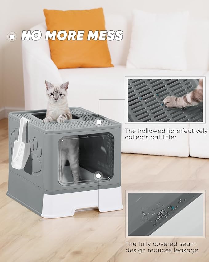 Enclosed Cat Litter Box, Large Litter Box for Big Cats, Covered Kitty Litter Boxes with Lid, Top Entry Cat Box Enclosure with Scoop, Odor Control, Easy to Clean(Grey)-PawvioPets