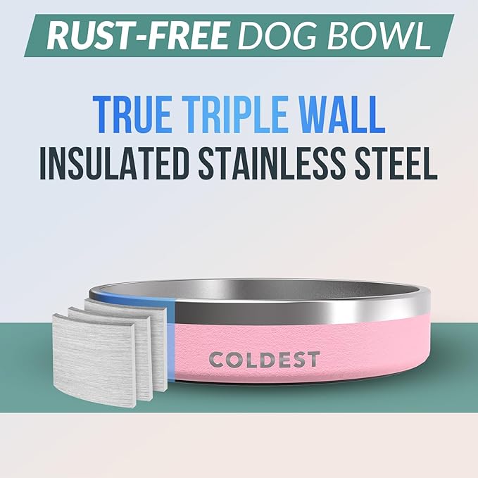 Coldest Dog Bowl - Anti Rust Metal, Non Slip, 3 Layers Insulated Stainless Steel Dog Bowls - Spill Proof & Heavy Duty - Water Bowl for Dogs, Cats & Pets, Dish Washer Safe (21 oz,Cotton Candy Pink)-PawvioPets