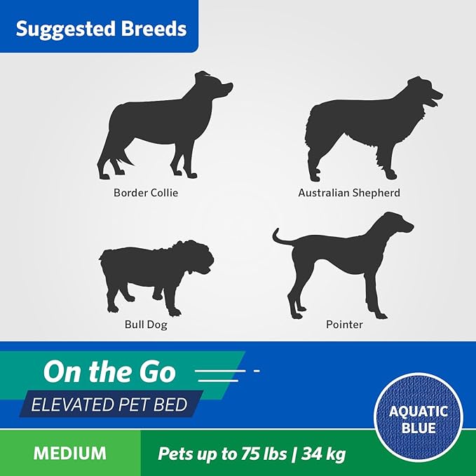 Coolaroo On-The-Go Elevated Dog Bed - Foldable Pop-Up Travel Dog Bed with Breathable, Moisture-Resistant Fabric, Carry Bag Included, Lightweight & Portable, Aquatic Blue, Medium-PawvioPets