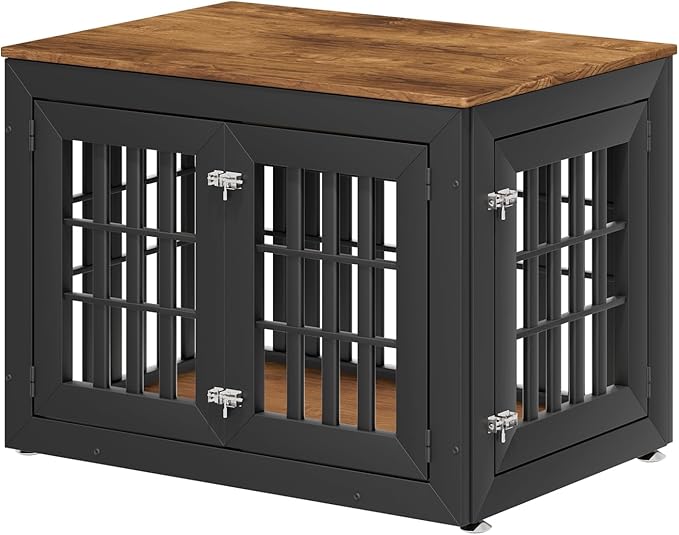 38" Heavy Duty Dog Crate Furniture for Small,Medium and Large Dogs,Rustic Wooden Dog Cage Kennel Indoor Furniture with Waterproof Top,Decorative Pet House Side End Table (Black & Wood)-PawvioPets