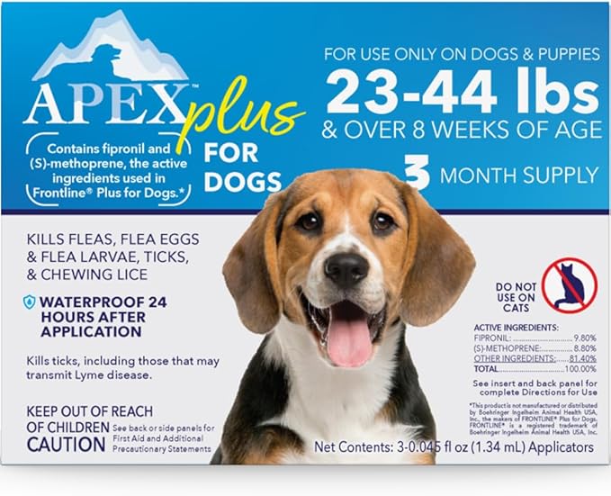 Apex Plus Flea and Tick Prevention for Dogs | Medium (23-44 lbs) | 3-Month Supply | Dog Flea and Tick Treatment | 24-Hour Activation, Waterproof, 30-Day Protection-PawvioPets