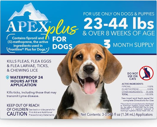 Apex Plus Flea and Tick Prevention for Dogs | Medium (23-44 lbs) | 3-Month Supply | Dog Flea and Tick Treatment | 24-Hour Activation, Waterproof, 30-Day Protection-PawvioPets
