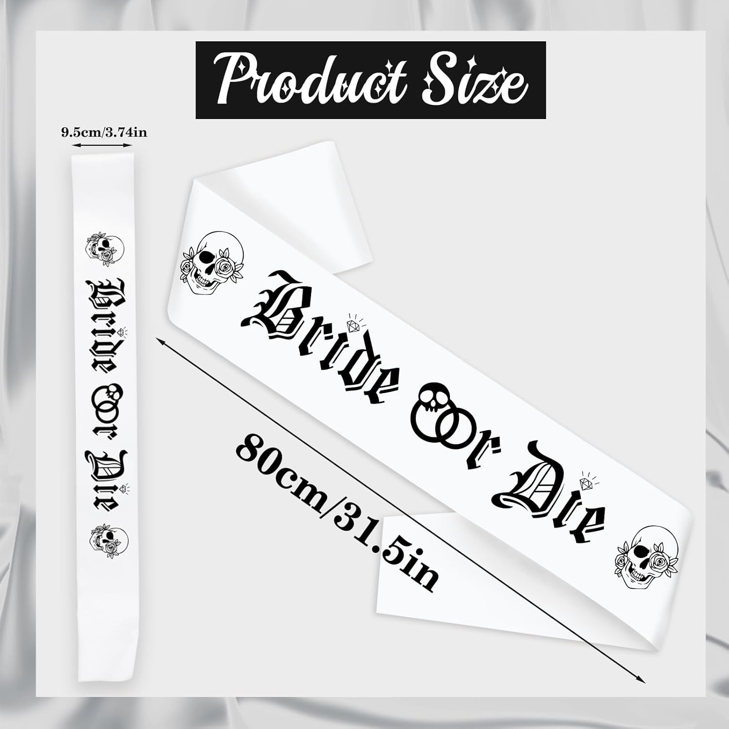 Gothic Bride or Die Sash with Black Printed, White Bride to Be Bachelorette Sash for Hen Party Bridal Shower Engagement Wedding Party Decorations Supplies Accessories Favors Gift (White+Black)