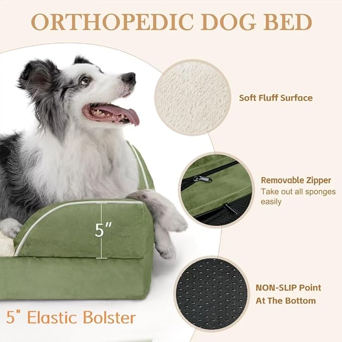 Comfort Expression Orthopedic Dog Beds for Jumbo Breed Large Dogs, Jumbo Dog Beds Waterproof, PV Washable Pet Sofa Couch with Removable Cover & Non-Slip Bottom(Light Green)-PawvioPets