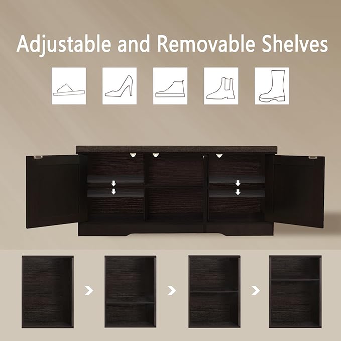 DINZI LVJ Shoe Bench, Entryway Storage Bench with Doors, Cushion, 2-Tier Shoe Rack with 6-Cubby, 39.4”L x 13.8”W Shoe Organizer Cabinet, Adjustable Shelf, Living Room, Bedroom, Espresso with Rattan-PawvioPets