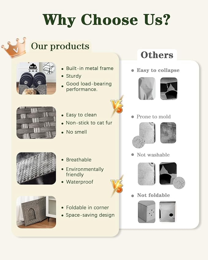 Cat Beds Indoor Kitten House, Handwoven Rattan Cat Cave Pet Cube, Large Cat Houses, One Bed Mat, Foldable, Hideaway, 16.5x16.5x13.2 Inches, 2 S-Shaped Hooks in Living Room Bedroom Gray-PawvioPets