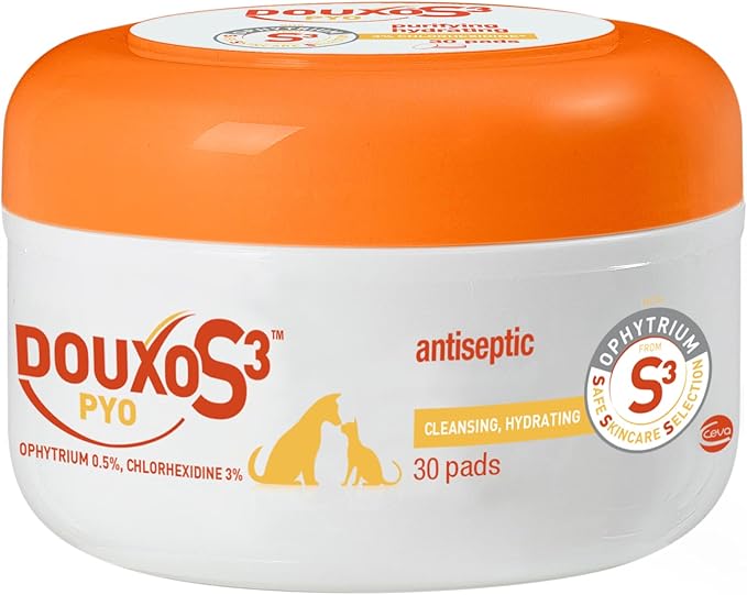 Douxo S3 Pyo Pads, Contains 3% Chlorhexidine & 0.5% Ophytrium, Antiseptic & Hydrating, For Bacterial or Yeast Skin Infections, For Dogs and Cats, 30 Pads-PawvioPets