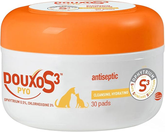 Douxo S3 Pyo Pads, Contains 3% Chlorhexidine & 0.5% Ophytrium, Antiseptic & Hydrating, For Bacterial or Yeast Skin Infections, For Dogs and Cats, 30 Pads-PawvioPets