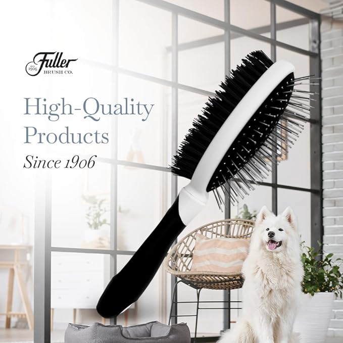 Fuller Brush 2-in-1 Double-Sided Pet Brush - Electroplated Round-Ended Steel Pins Positioned Into a Flexible Cushion on One Side & Nylon Bristles - Remove Shedding - Tool For Grooming Dogs & Cats-PawvioPets
