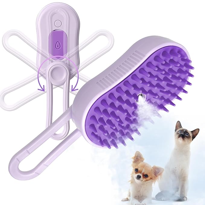 GKZ Cat Steam Brush, 3 in 1 Pet Comb for Massage, Cleaning, Shedding and Combing, Electric Mist to Prevent Flyaways for Home, Dogs and Cat Lovers - Purple-PawvioPets