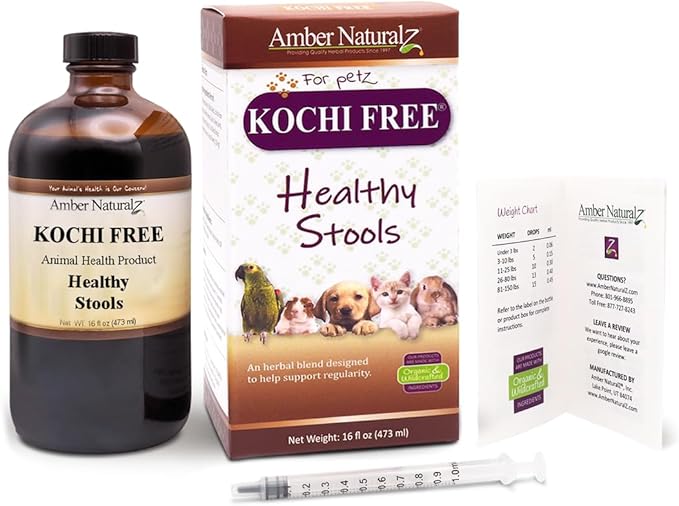Amber NaturalZ Kochi Free Herbal Supplement for Dogs, Cats, Birds, Rabbits, and Guinea Pigs | Supports Healthy Bowel Function | Natural Aid for Digestive Balance | 16 Fluid Ounce Glass Bottle-PawvioPets