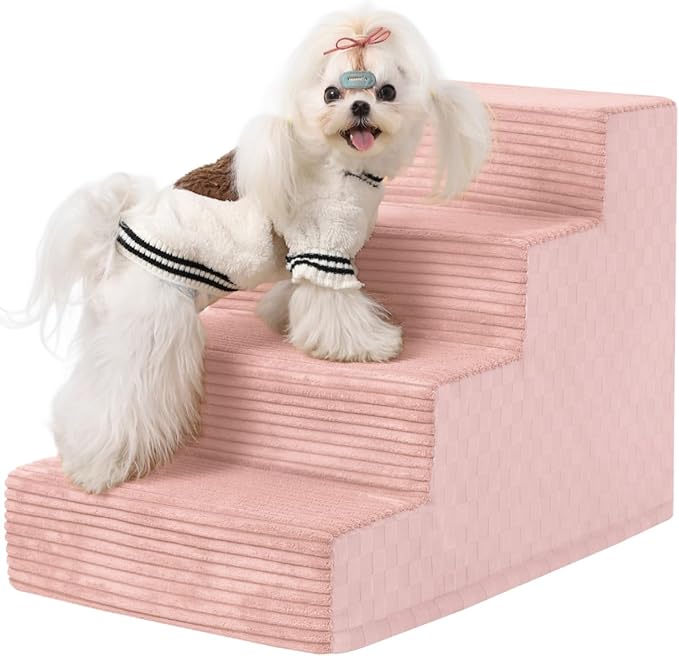 Dog Stairs for Small Dogs,17.5" H,4-Step Dog Steps for Bed and Couch with High Density Foam,Non-Slip Pet Steps for Doggy and Cat,Pet Stairs with a Washable Cover,Pink-PawvioPets