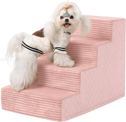 Dog Stairs for Small Dogs,17.5" H,4-Step Dog Steps for Bed and Couch with High Density Foam,Non-Slip Pet Steps for Doggy and Cat,Pet Stairs with a Washable Cover,Pink-PawvioPets