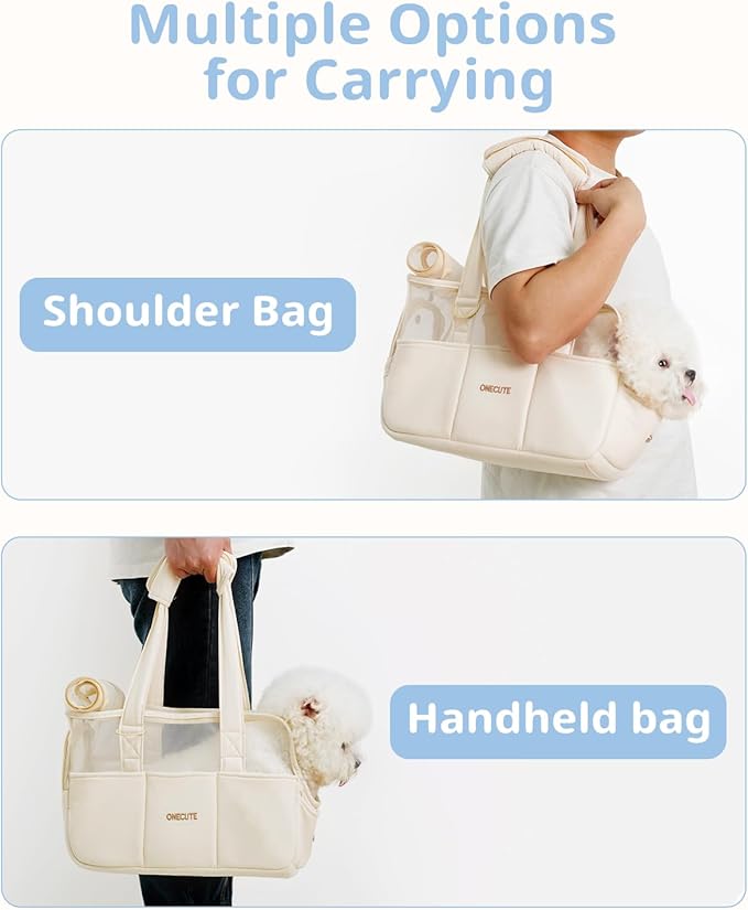 Dog Purse Carrier for Small Dogs Rabbit cat with Large Pockets, Cotton Bag, Dog Carrier Soft Sided, Collapsible Travel Puppy Carrier (Beige Breathable, 13.6" L x 6.5" W x 10.0" H)-PawvioPets
