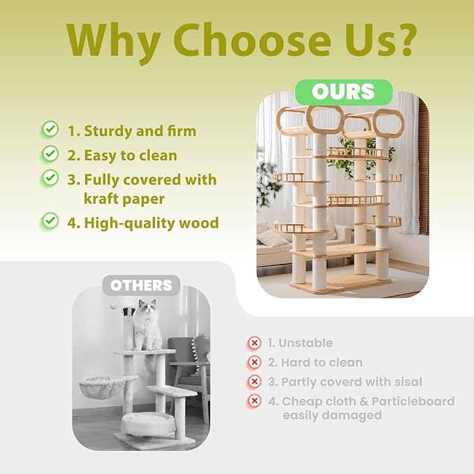 76.8'' Modern Cat Tree, Tall Cat Tower for Indoor Cats, Pine Wood Climb Tower with 2 Removable Mats, Heavy Duty Cat Furniture with Fully Wrapped Scratching Post, Huge Cat Condo for Multi-Cat Families-PawvioPets