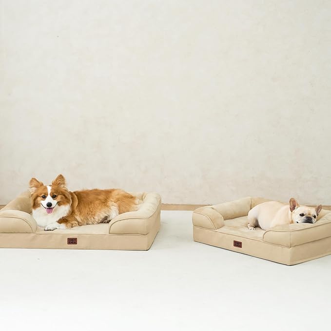 EHEYCIGA Orthopedic Dog Beds for Large Dogs, Waterproof Memory Foam Large Pet Bed with Sides, Non-Slip Bottom and Egg-Crate Foam Dog Couch Bed with Washable Removable Cover, Greige-PawvioPets