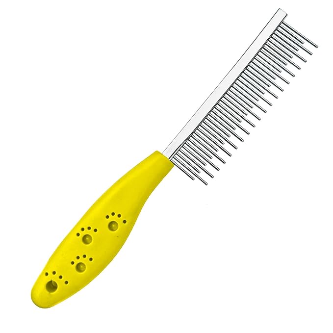 Dog or Cat Comb Grooming with Short and Long Teeth Dematting Knots Tangles Remover Combs Detangler Tool Suitable for Dogs Cats Poodle HorseStainless Steel Pin (Yellow)-PawvioPets