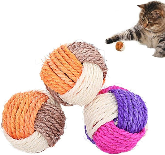 3Pcs Cat Toy Sisal Ball Pet Scratching Ball Chew Eco-Friendly Toy Pets Interactive Toy Bite and Wear Resistant(Random Color)-PawvioPets