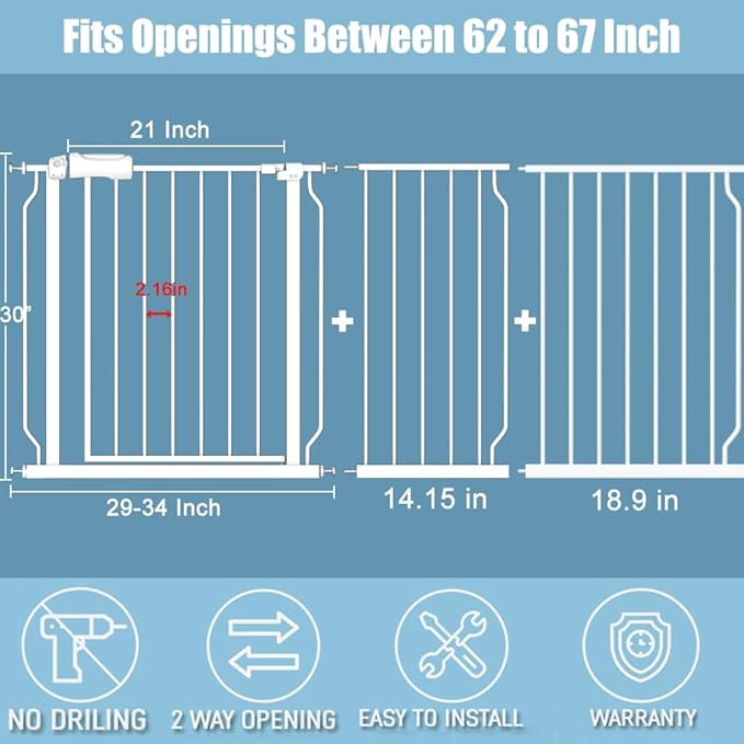 Extra Wide Long Baby Gates 62-67 Inch Stairs Doorways Pet Dog gate Indoor Outdoor Pressure Mount No Drill Walk Through Safety Child Gate-PawvioPets