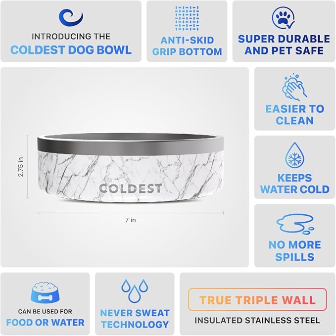 Coldest Dog Bowl - Anti Rust Metal & Non Slip Dog Bowls Large, Spill Proof Heavy Duty 3 Layers Insulated Dog Bowl - Food and Water Bowl for Dogs, Cats & Pets, Dishwasher Safe (42 oz, Carrara Marble)-PawvioPets
