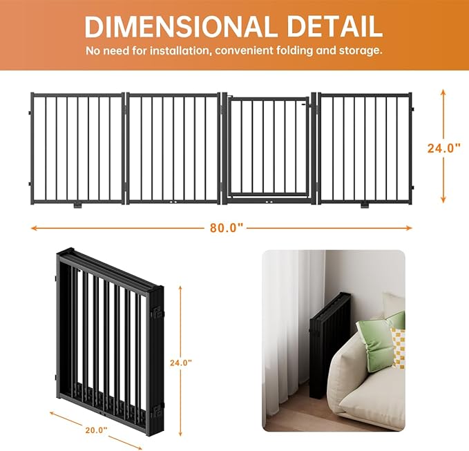 Full Metal Freestanding Dog Gate with Door, 24'' Height Foldable Pet Dog Fence for Indoor & Outdoor, 4 Panels Extra Wide Free Standing SmallDog Gates for Doorways,House,Stairs,Porch,Deck,Yard-PawvioPets