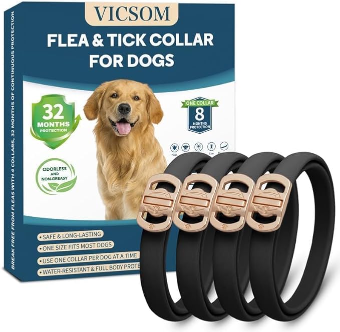 Flea and Tick Collar for Dogs 4 Pack, 32 Months Prevention, Waterproof, Adjustable for Small Medium Large Dogs Puppies (Black)-PawvioPets