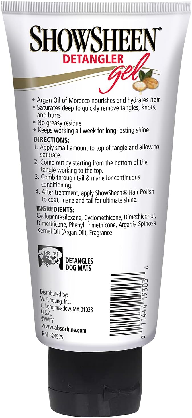 Absorbine ShowSheen Detangler Gel for Coat, Mane & Tail, Moroccan Argan Oil, Tackles Toughest Knots on Horses, Dogs & Livestock, 4oz-PawvioPets