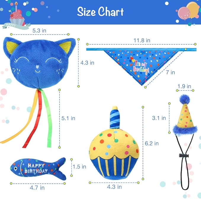 BINGPET Cat Birthday Catnip Toys for Indoor Cats,Cat Birthday Hat,Bandana and Cat Birthday Cake Interactive Plush Kitten Chew Toys,Cute Fish,Balloon Toys with Crinkle Paper and Catnip Inside(Blue)-PawvioPets