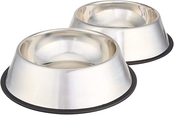 Amazon Basics Stainless Steel Non-Skid Pet Dog Water And Food Bowl, 2-Pack (10 x 2.8 Inches), Each Holds Up to 4 Cups-PawvioPets