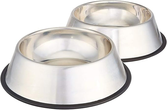 Amazon Basics Stainless Steel Non-Skid Pet Dog Water And Food Bowl, 2-Pack (10 x 2.8 Inches), Each Holds Up to 4 Cups-PawvioPets