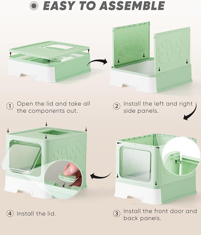 Enclosed Cat Litter Box, Large Litter Box for Big Cats, Covered Kitty Litter Boxes with Lid, Top Entry Cat Box Enclosure with Scoop, Odor Control, Easy to Clean(Green)-PawvioPets